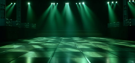 Green spotlights shine on stage floor in dark room. Generative AIの素材