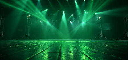 Green spotlights shine on stage floor in dark room. Generative AIの素材