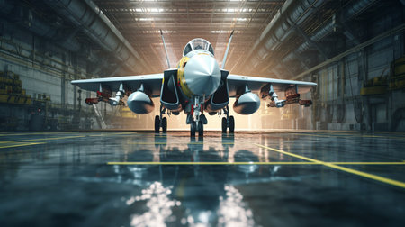 Military aircraft stands in the hangar. Generative AIの素材