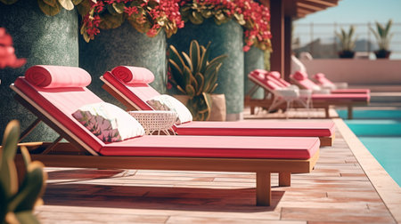Cozy outdoor chaise lounges. Generative AIの素材