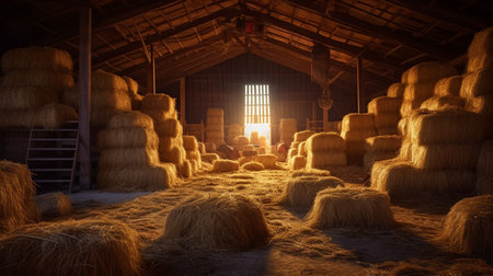Haystacks sorted inside an agricultural. Generative AIの素材