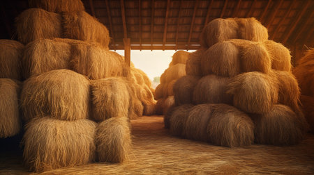 Haystacks sorted inside an agricultural. Generative AIの素材