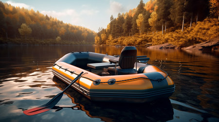 Inflatable boat with paddle on the lake. Generative AIの素材