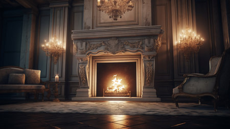 Fireplace in luxury home interior design. Generative AIの素材