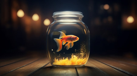 Gold fish in glass jar. Generative AIの素材