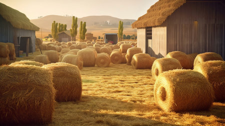 Haystacks sorted inside an agricultural. Generative AIの素材