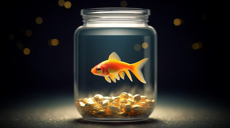 Gold fish in glass jar. Generative AIの素材