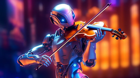 The robot plays the violin. Generative AIの素材