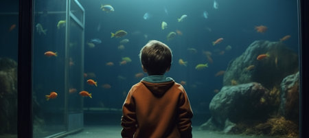 Boy watching fish in the aquarium. Generative AIの素材