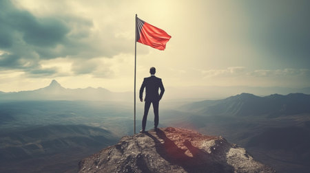 Businessman standing on mountain top. Generative AIの素材