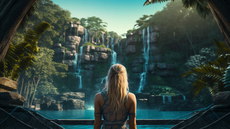Woman looking at tropical waterfall. Generative AIの素材