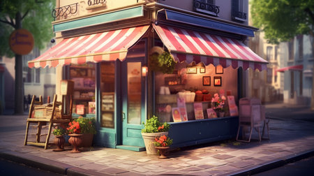 Small shop with colorful awning. Generative AIの素材