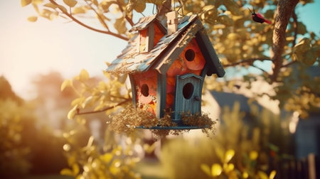 Bird house hanging from a tree branch. Generative AIの素材
