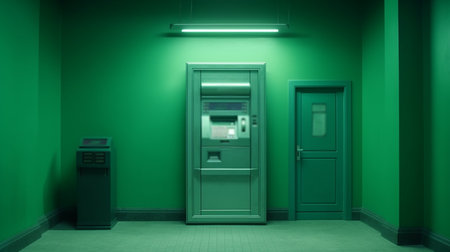 Bank ATM on green wall. Generative AIの素材