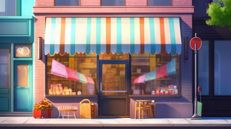 Small shop with colorful awning. Generative AIの素材