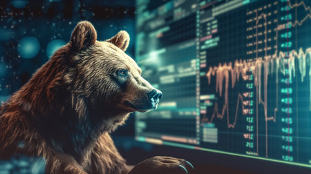Bear looking at computer monitor with stock market data. Generative AIの素材