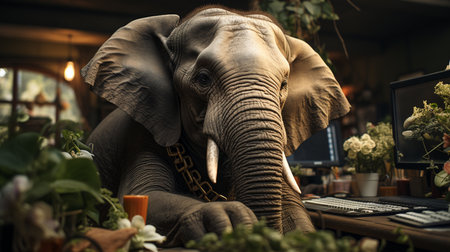 Elephant at the office. Generative AIの素材