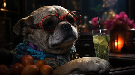 Drunk dog drinking a cocktail. Generative AIの素材