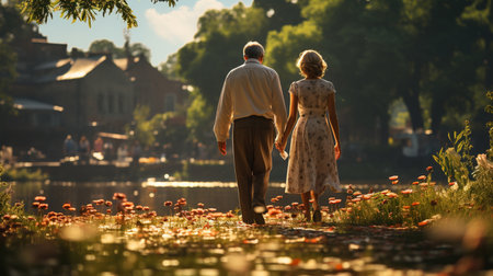 Back view couple go for a walk in summer park. Generative AIの素材