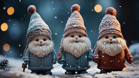 Little knitted snowmans on soft snow. Generative AIの素材