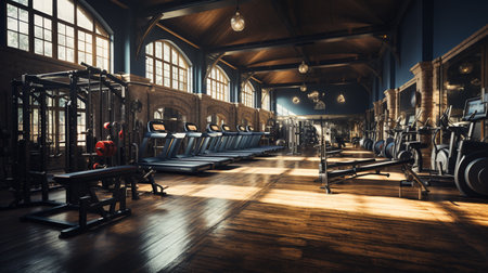 Old gym interior with equipment. Generative AIの素材