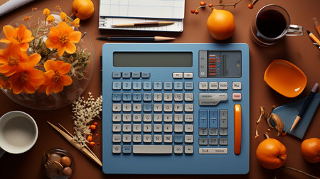 Top view of office table with a office supplies. Generative AIの素材