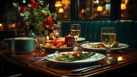 Interior view of the restaurant with a table served knife and fork on the table. Generative AIの素材