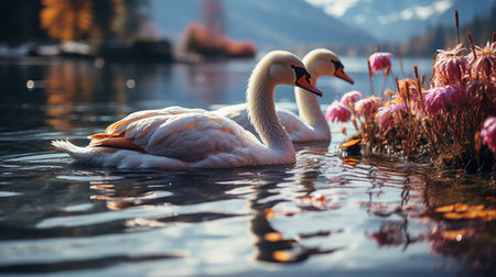 Swans on the lake. Generative AIの素材