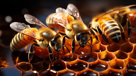 Close up view of the working bees on honey cells. Generative AIの素材