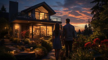 Rear view of young couple looking at their new house. Generative AIの素材
