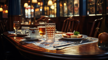 Interior view of the restaurant with a table served knife and fork on the table. Generative AIの素材