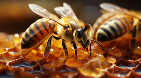 Close up view of the working bees on honey cells. Generative AIの素材