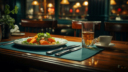 Interior view of the restaurant with a table served knife and fork on the table. Generative AIの素材