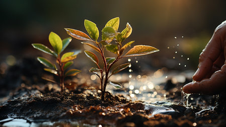 Hand holding water and watering young tree. Generative AIの素材