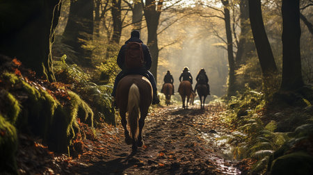 Group of people riding a horse in the park. Generative AIの素材