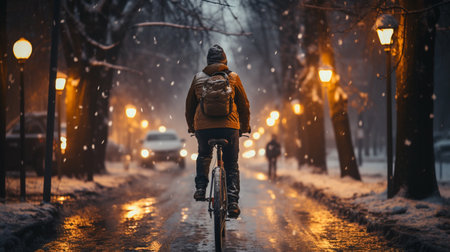 Back view Winter cycling, a man riding a bicycle in snow. Generative AIの素材