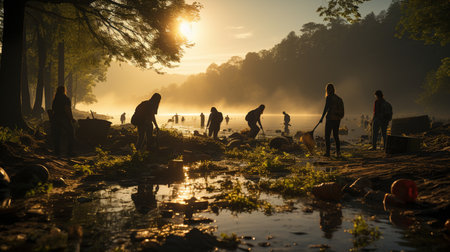 Volunteers clean up litter park. Generative AIの素材