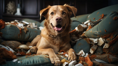 Dog destroying cushions on sofa. Generative AIの素材