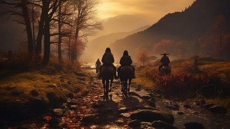 Group of people riding a horse in the park. Generative AIの素材