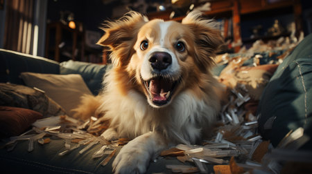 Dog destroying cushions on sofa. Generative AIの素材
