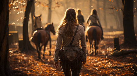 Group of people riding a horse in the park. Generative AIの素材