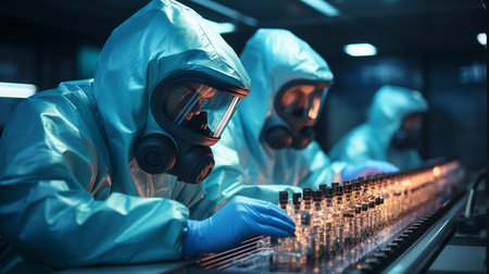 Human in protective clothing working in Pharmaceutical clean room. Generative AIの素材