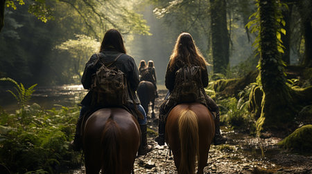 Group of people riding a horse in the park. Generative AIの素材