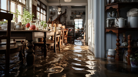 Flooded floor in kitchen from water leak. Generative AIの素材