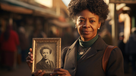 Senior black woman holding up a vintage photo of herself when she was younger. Generative AIの素材