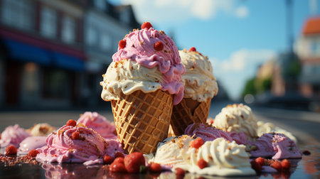 Vanilla ice cream on the sidewalk asphalt in the summer heat. Generative AIの素材