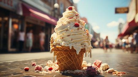 Vanilla ice cream on the sidewalk asphalt in the summer heat. Generative AIの素材