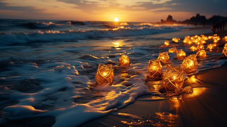 Lights on the beach. Generative AIの素材