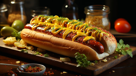 Classic hot dog with ketchup and mustard on the wooden table. Generative AIの素材