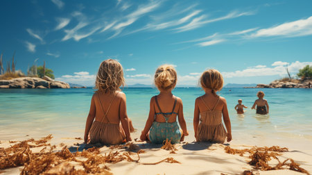 Back view children on the sea beach in sunny day. Generative AIの素材